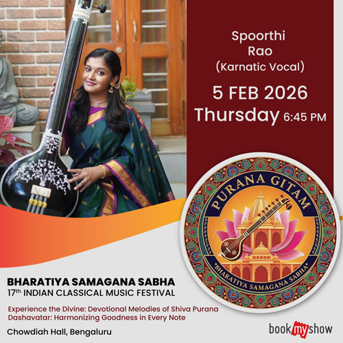 Image of Spoorthy Rao performing a Karnatic vocal concert at the Bharatiya Samagana Sabha Indian classical music festival 2026.