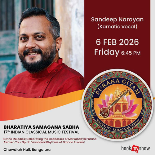 Image of Sandeep Narayan performing a Karnatic vocal concert at the Bharatiya Samagana Sabha Indian classical music festival 2026.