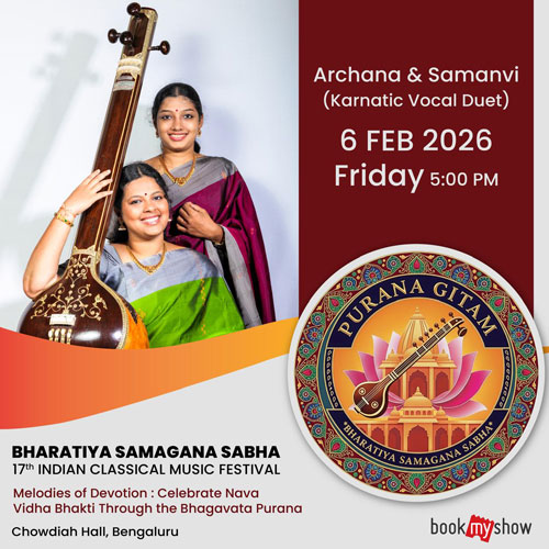 Image of Archana and Samanvi performing a Karnatic vocal duet concert at the Bharatiya Samagana Sabha Indian classical music festival 2026.