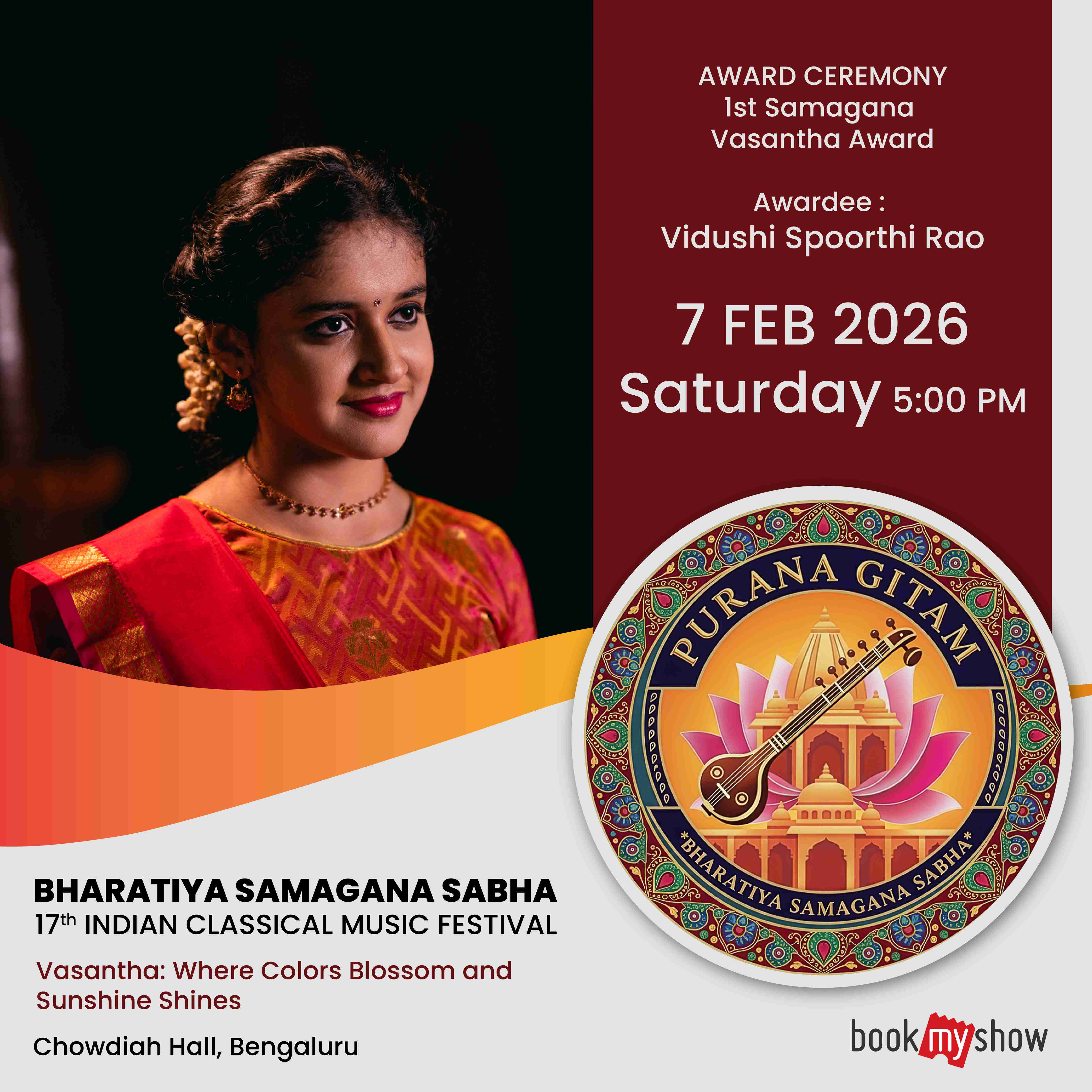 Image of Vidushi Spoorthy Rao receiving 1st Samagana Vasantha Award at the Bharatiya Samagana Sabha Indian classical music festival 2026.