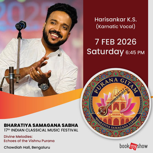 Image of Harisankar performing a Karnatic vocal concert at the Bharatiya Samagana Sabha Indian classical music festival 2026.