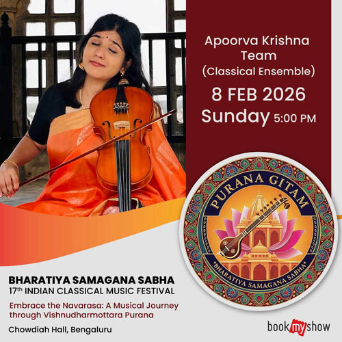 Image of Apporva Krishna performing a Classical Ensemble concert at the Bharatiya Samagana Sabha Indian classical music festival 2026.