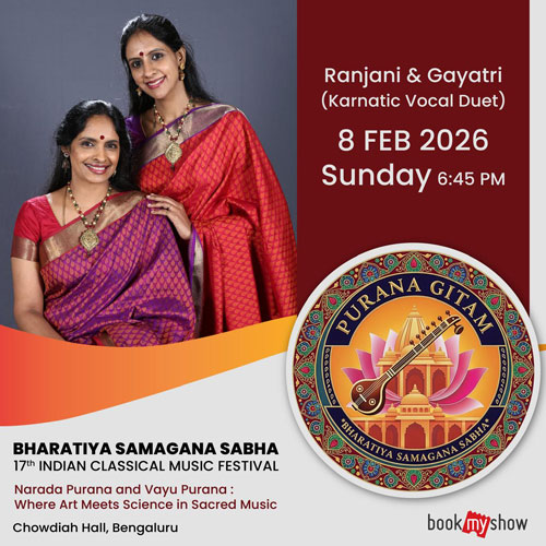 Image of Ranjani and Gayatri, Karnatic Vocal Duet performing a Karnatic vocal concert at the Bharatiya Samagana Sabha Indian classical music festival 2026.